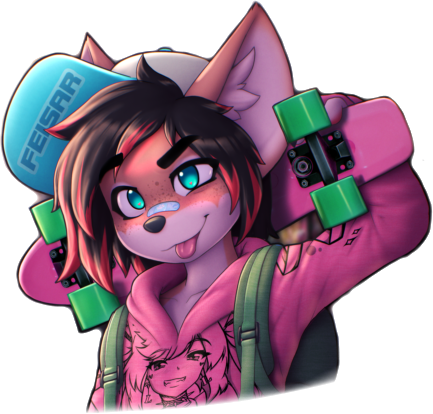 Illustration of Kayla holding a skateboard behind him, giving a knowing look to the viewer while blepping his tongue.